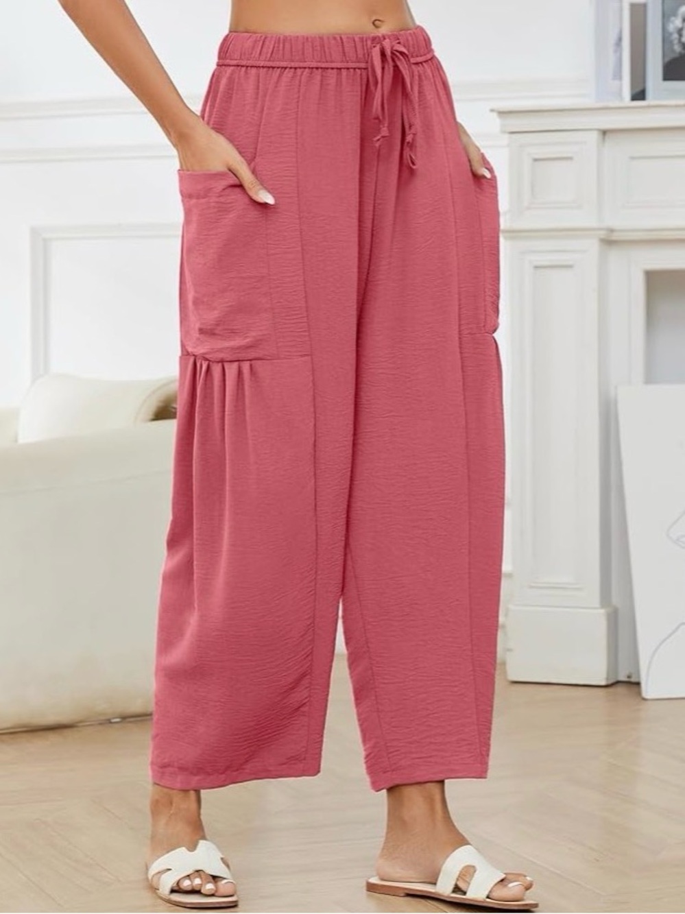 3X Oversized Casual Drawstring Ankle Pants in Coral Pink